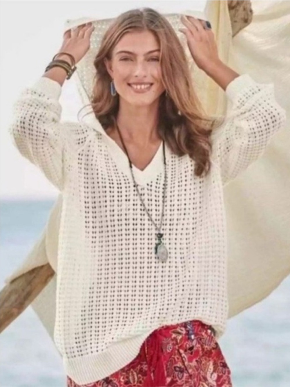 Sundance Calm Harbors Hooded Sweater Open Knit White Ivory Size Medium